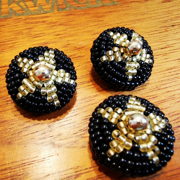 Vintage Round Black Plastic Beaded Black and Gold Star Sewing Buttons 3Pcs - Picture 4 of 11